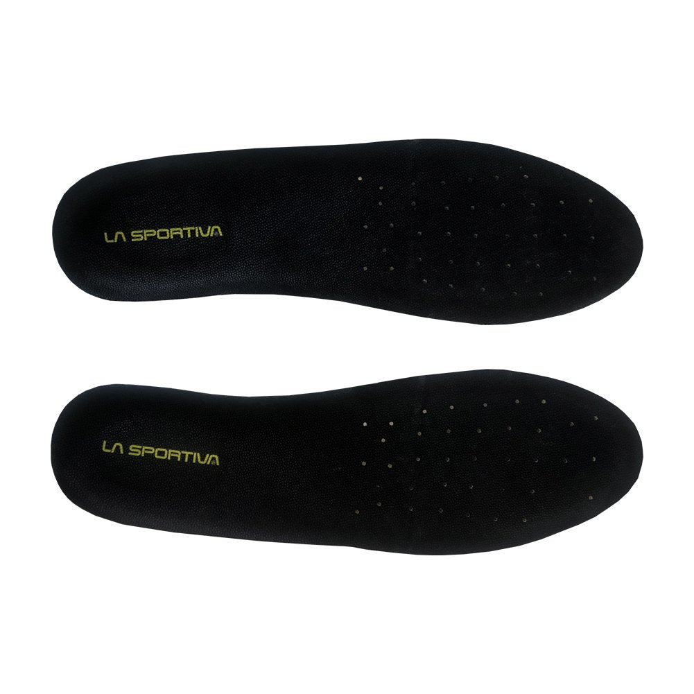 Two black La Sportiva Mountain Insoles - A are displayed side by side, featuring yellow brand lettering on the heel and small ventilation holes on the forefoot—ideal as mountaineering boot insoles.