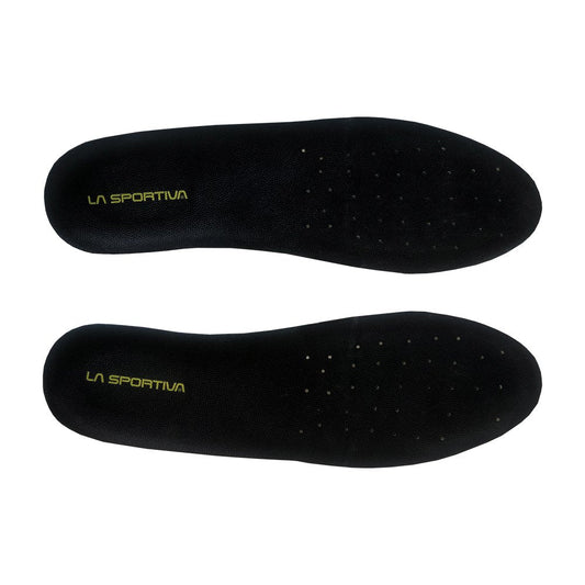 Two black La Sportiva Mountain Insoles - A are displayed side by side, featuring yellow brand lettering on the heel and small ventilation holes on the forefoot—ideal as mountaineering boot insoles.