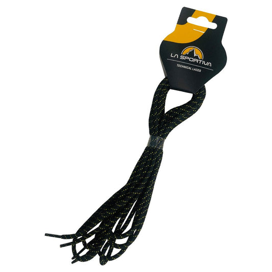 La Sportiva Shoelaces-Approach (147 cm) in black with yellow speckles, packaged as Technical Laces on a black and orange tag—ideal replacement shoelaces for approach footwear.