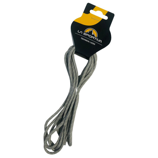 A pair of 147 cm La Sportiva Shoelaces-Approach, ideal as replacement laces for approach shoes, coiled and attached to black and yellow packaging labeled "Technical Laces.