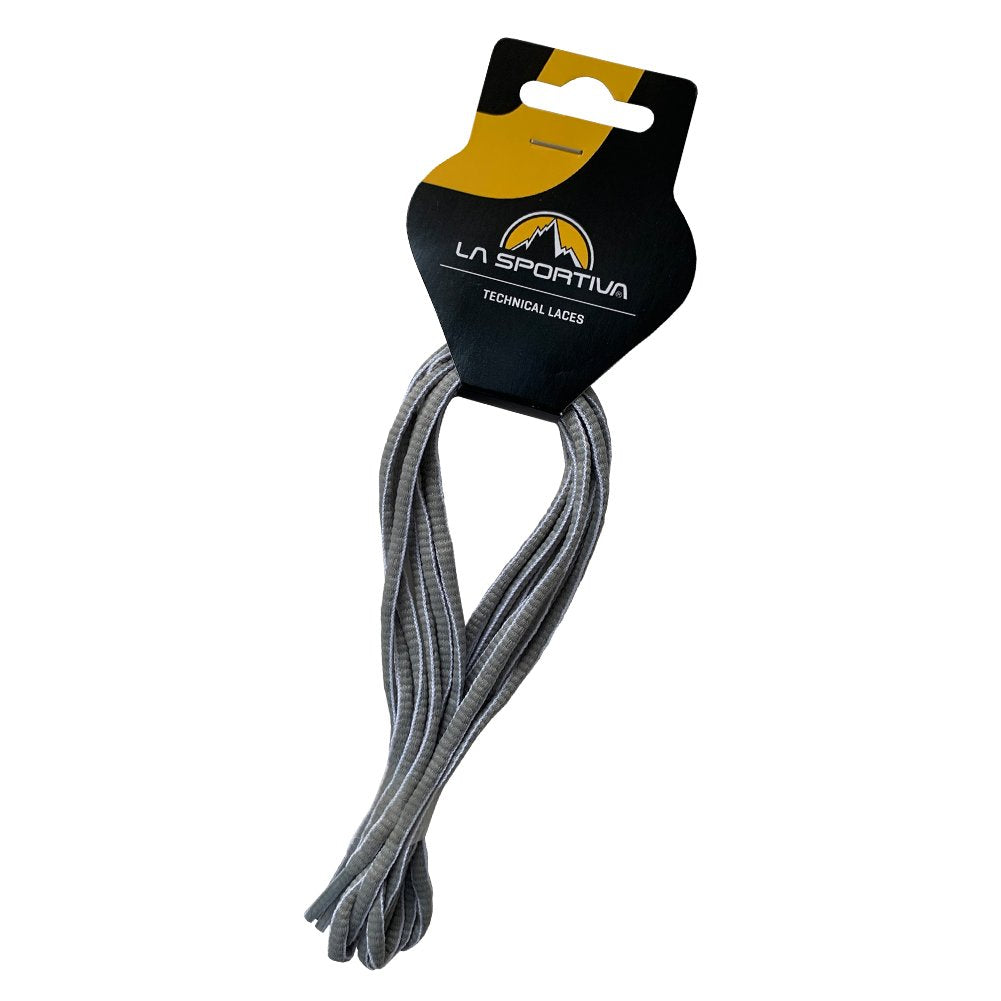 A pair of La Sportiva Shoelaces-Mtn Running (132 cm) in gray, neatly folded and attached to a branded card—perfect replacements for Mountain Running Footwear or as spares for your favorite shoes.