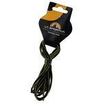 Black and yellow La Sportiva Shoelaces-Mtn Running (107 cm), ideal as replacement laces for your mountain running footwear, coiled and attached to branded La Sportiva packaging with a mountain logo.