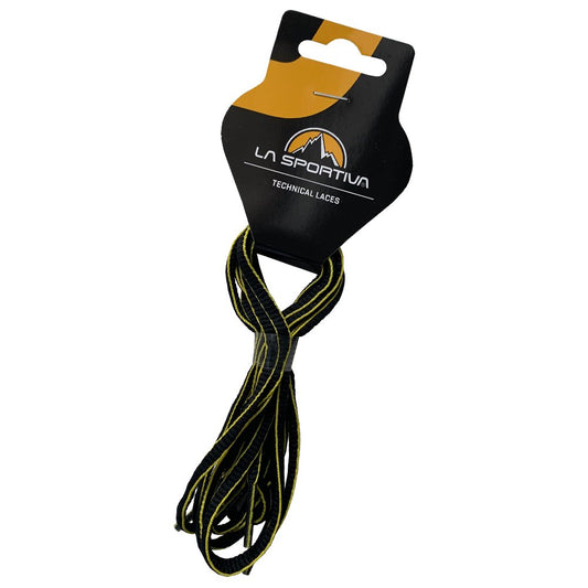 Black and yellow La Sportiva Shoelaces-Mtn Running (107 cm), ideal as replacement laces for your mountain running footwear, coiled and attached to branded La Sportiva packaging with a mountain logo.