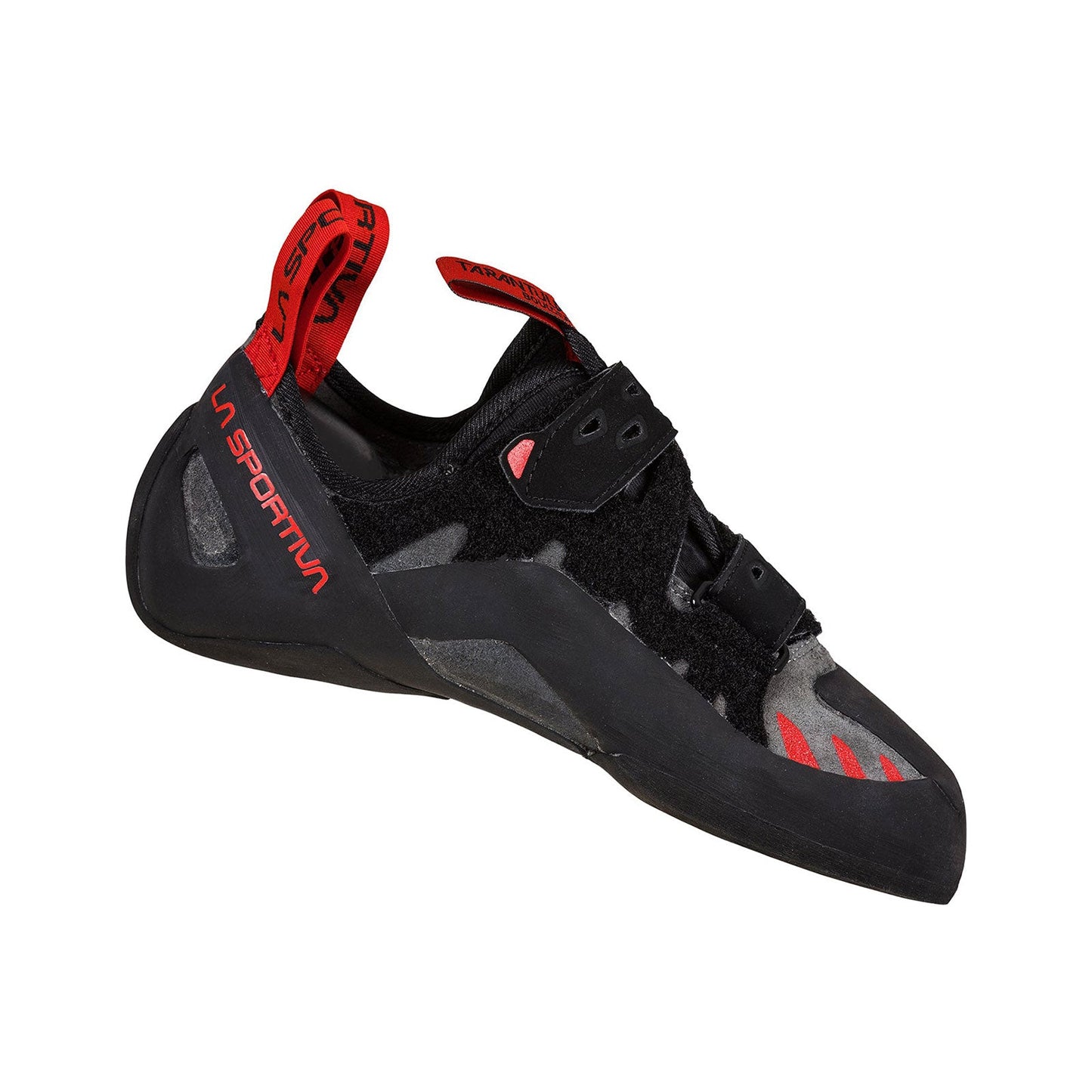 The La Sportiva Tarantula Boulder is a black and red climbing shoe with velcro straps, durable toe rubber, and an aggressive downturned shape ideal for bouldering and rock climbing.