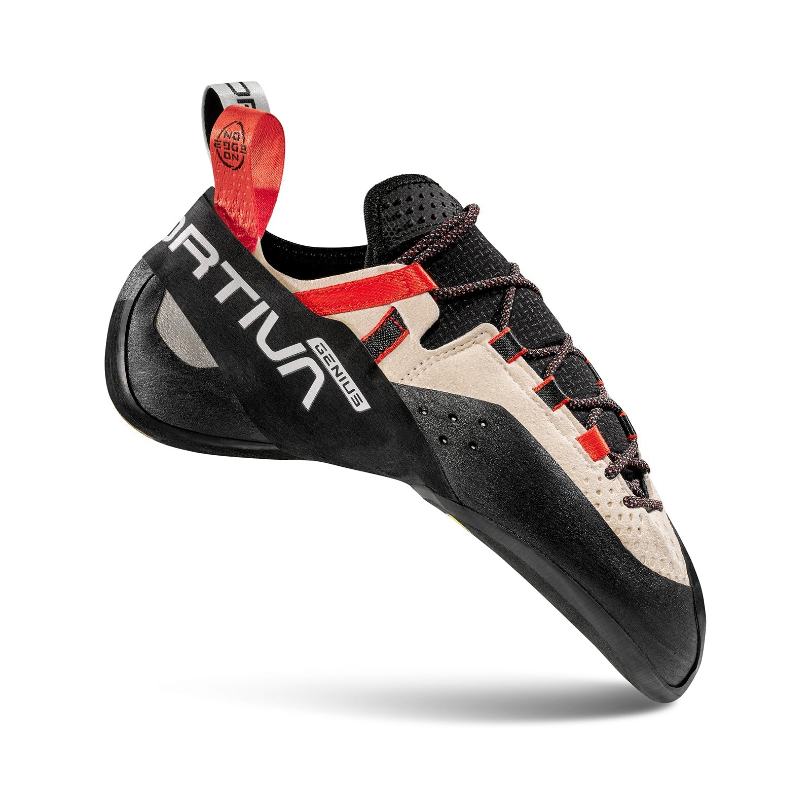 The La Sportiva Genius climbing shoe is shown with a beige and black upper, red accents, No-Edge technology for precision, a black rubber toe, and La Sportiva logos on the heel and side.