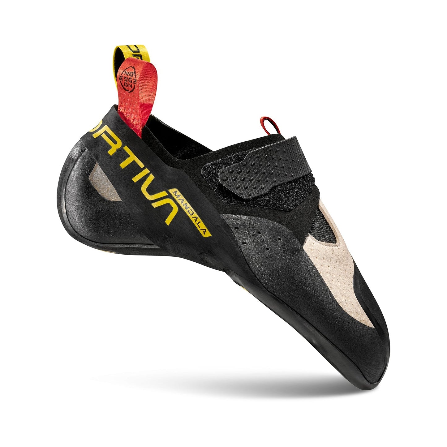 The La Sportiva Mandala is a black and beige climbing shoe with a velcro strap, ultra-sticky rubber for superior grip, yellow and red pull tabs, LA SPORTIVA in yellow on the side, and an aggressive downturned shape.