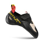 The La Sportiva Mandala is a black and beige climbing shoe with a velcro strap, ultra-sticky rubber for superior grip, yellow and red pull tabs, LA SPORTIVA in yellow on the side, and an aggressive downturned shape.