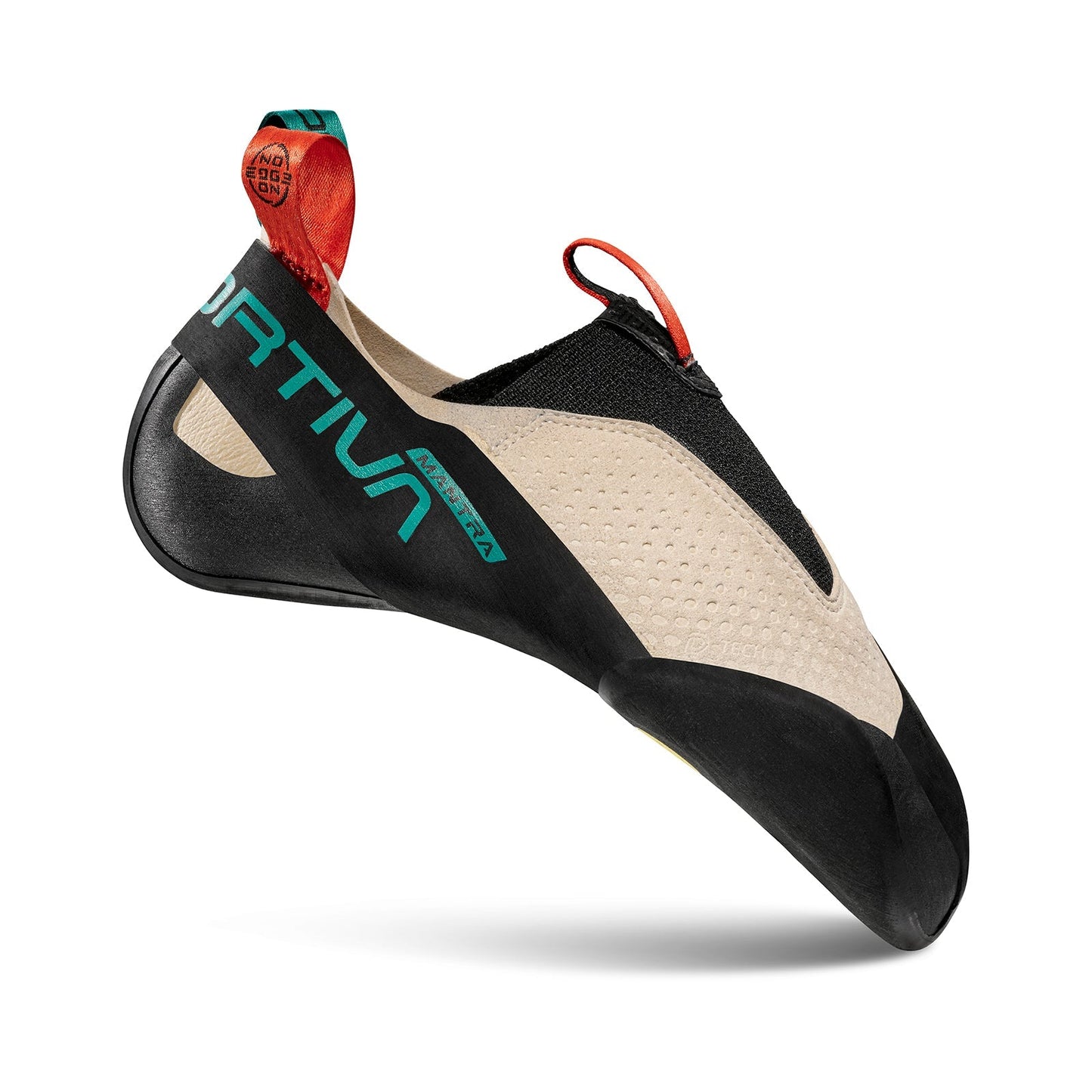 A La Sportiva Mantra climbing shoe in beige and black with turquoise and red accents features No-Edge technology, a low profile, rubber sole, and heel pull loop. The shoe is photographed on a white background.