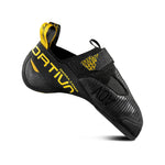 The La Sportiva Ondra Comp is a black and yellow climbing shoe with SenseGrip technology, velcro strap, and branding on the side and heel, shown against a white background.