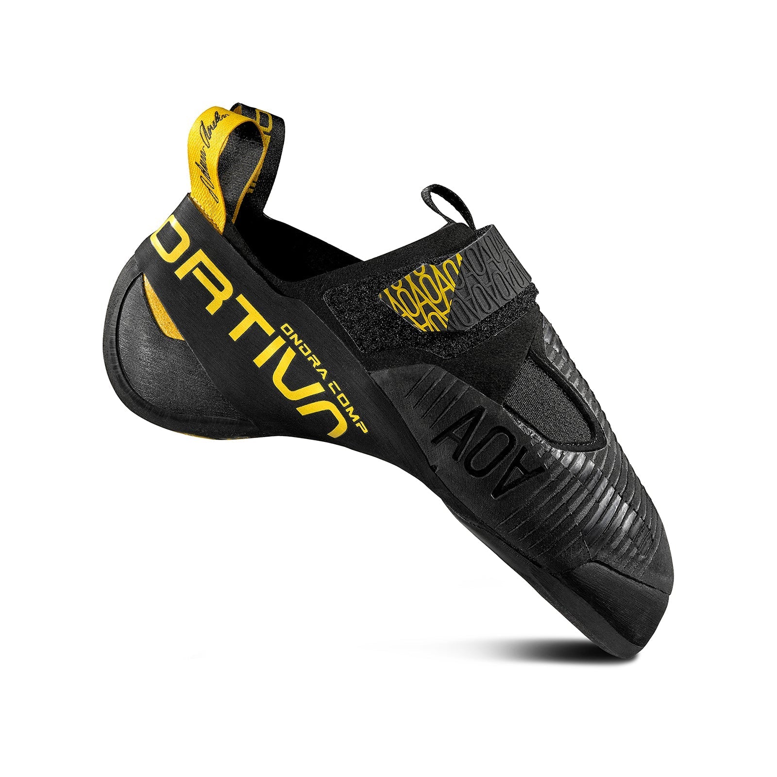 The La Sportiva Ondra Comp is a black and yellow climbing shoe with SenseGrip technology, velcro strap, and branding on the side and heel, shown against a white background.