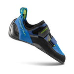 A blue and black La Sportiva Katana climbing shoe with dual velcro straps, yellow accents, P3 system, and a black rubber sole is displayed from the side on a white background.