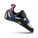 A single Katana Women's climbing shoe by La Sportiva in beige, black, and blue, featuring a Velcro strap, pink pull tab, brand logo on the heel, and a curved asymmetrical design for peak climbing performance.