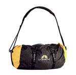 The La Sportiva Rope Bag Small is a black and yellow carry bag with handles, a shoulder strap, sling strap, and clips. The front displays the La Sportiva logo and name, making it ideal for travel or outdoor use.