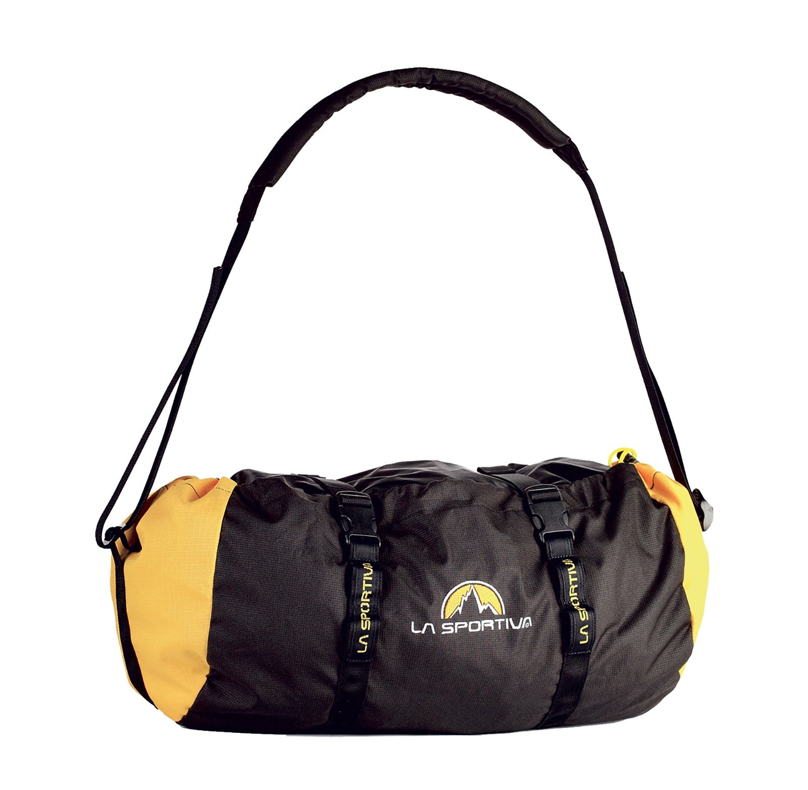 The La Sportiva Rope Bag Small is a black and yellow carry bag with handles, a shoulder strap, sling strap, and clips. The front displays the La Sportiva logo and name, making it ideal for travel or outdoor use.