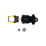 A La Sportiva Lower Buckle Closure System 1 Vega Men's ski boot component in black with yellow-accented metal, plus two small replacement buckle hardware pieces, displayed on a white background.