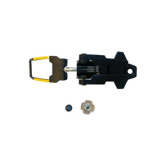 A La Sportiva Lower Buckle Closure System 1 Vega Men's ski boot component in black with yellow-accented metal, plus two small replacement buckle hardware pieces, displayed on a white background.