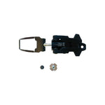 The La Sportiva Lower Buckle Closure System 2 Vega Men's is shown disassembled: a black toe piece, metallic bracket, small screw, circular mount part, and lower ratchet buckle—all set against a white background.