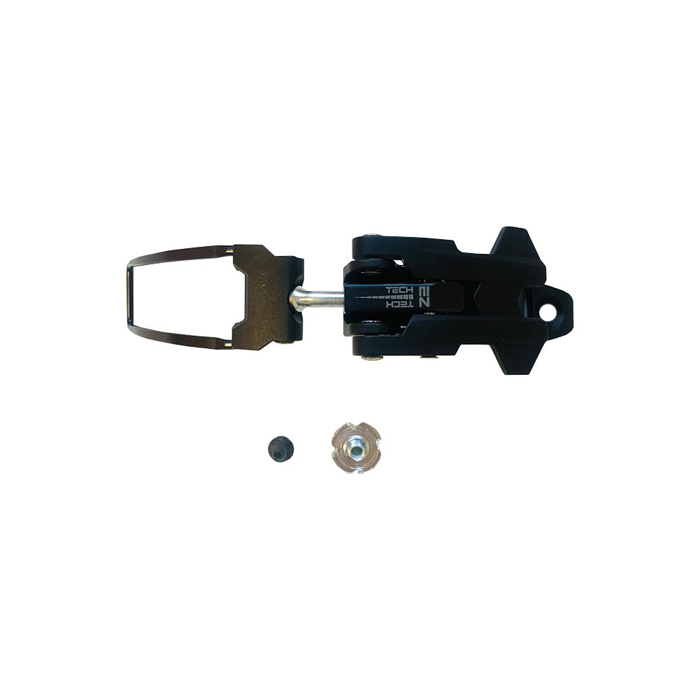 The La Sportiva Lower Buckle Closure System 2 Vega Men's is shown disassembled: a black toe piece, metallic bracket, small screw, circular mount part, and lower ratchet buckle—all set against a white background.