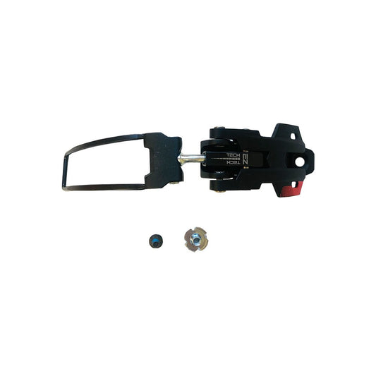 A black La Sportiva Lower Buckle Closure System 3 Vega Men's ski binding part with a metal lever and two small components is displayed on a white background.