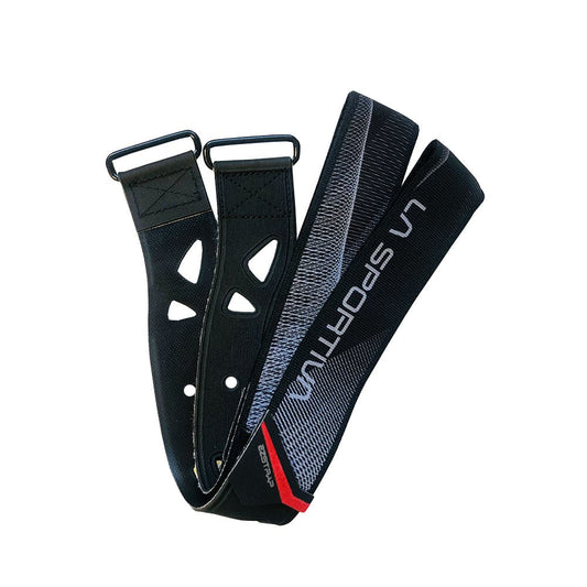 A pair of black La Sportiva Cuff Belt Kit Vega Women's straps with white branding, cut-out holes, and a red accent—ideal for securing skis or as a boot power strap replacement for the La Sportiva Vega.