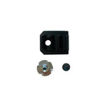 Three components of the La Sportiva Lower Ratchet 2 Vega: a black rectangular ratchet bracket with a central hole, a silver three-pronged T-nut, and a small black screw, displayed on a white background.