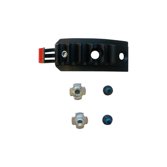 The La Sportiva Upper Ratchet 4 Vega set includes a black Ladder Receiver bracket with a red tab, two T-nuts, and two black screws—all displayed on a white background.