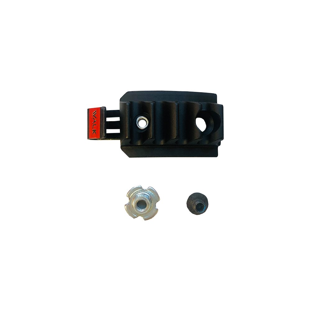 The La Sportiva Upper Ratchet 3 Vega features a black plastic and metal Buckle Ladder Receiver with a red label, shown with a silver T-nut and small black ratchet screw, all displayed on a white background.