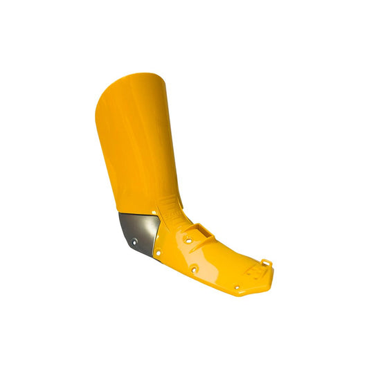 The La Sportiva Tongue Solar Men's is a yellow prosthetic lower leg and foot with a metallic joint, inspired by the streamlined shape of a ski boot, designed for below-knee amputees and shown on a white background.