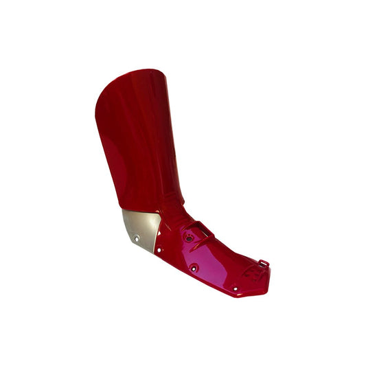 The La Sportiva Tongue Stellar Women's prosthetic lower leg and foot features a glossy red and silver design, reminiscent of a ski boot, and is displayed against a plain white background.