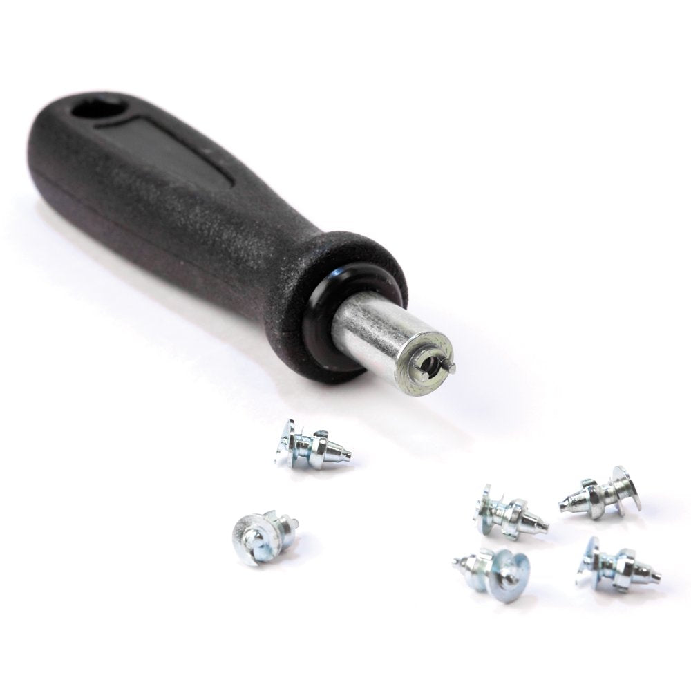 A La Sportiva Hobnails & Tool Kit, featuring a black-handled tool with a metal end, rests on a white surface beside six small silver hobnails designed for added traction in icy conditions.