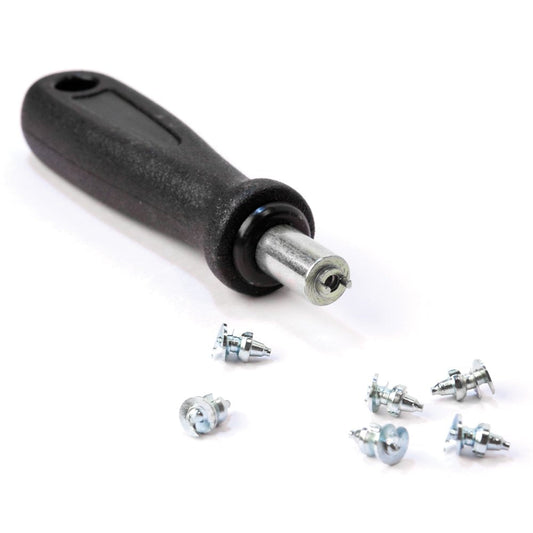 A La Sportiva Hobnails & Tool Kit, featuring a black-handled tool with a metal end, rests on a white surface beside six small silver hobnails designed for added traction in icy conditions.