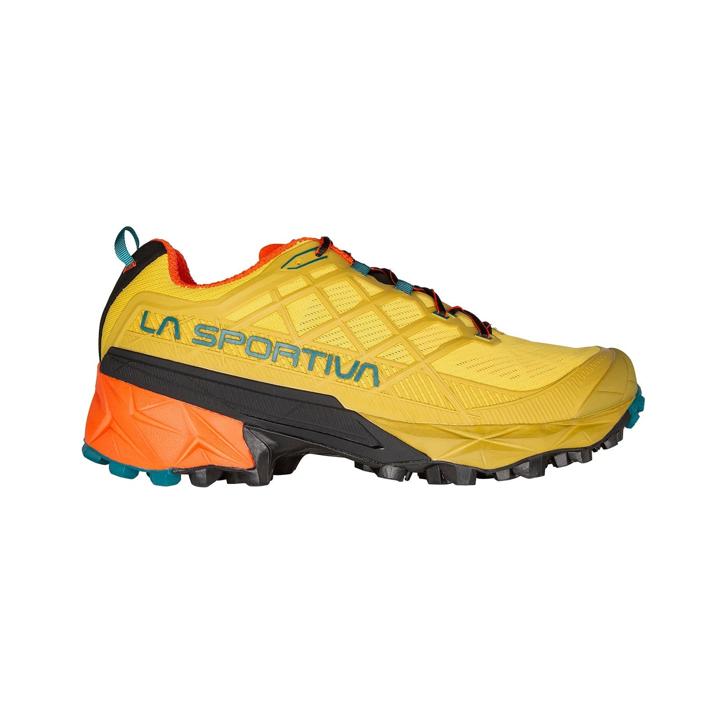 A yellow La Sportiva Akyra II trail running shoe with orange and blue accents, a black sole, and blue La Sportiva branding on the side, designed for protection and stability, shown from the side against a white background.