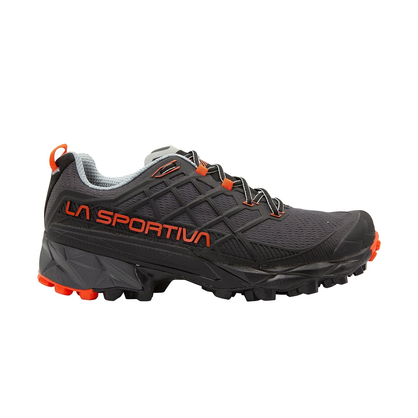 The La Sportiva Akyra II is a black and gray trail running shoe with orange accents and rugged tread, delivering excellent traction, protection, and stability for outdoor use.