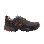 The La Sportiva Akyra II is a black and gray trail running shoe with orange accents and rugged tread, delivering excellent traction, protection, and stability for outdoor use.
