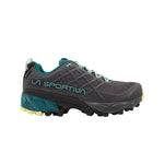 The La Sportiva Akyra II GTX Women's trail running shoe features a dark grey design with teal accents, a rugged black sole for great traction, and bold LA SPORTIVA branding on the side. Shown from the side on a white background.