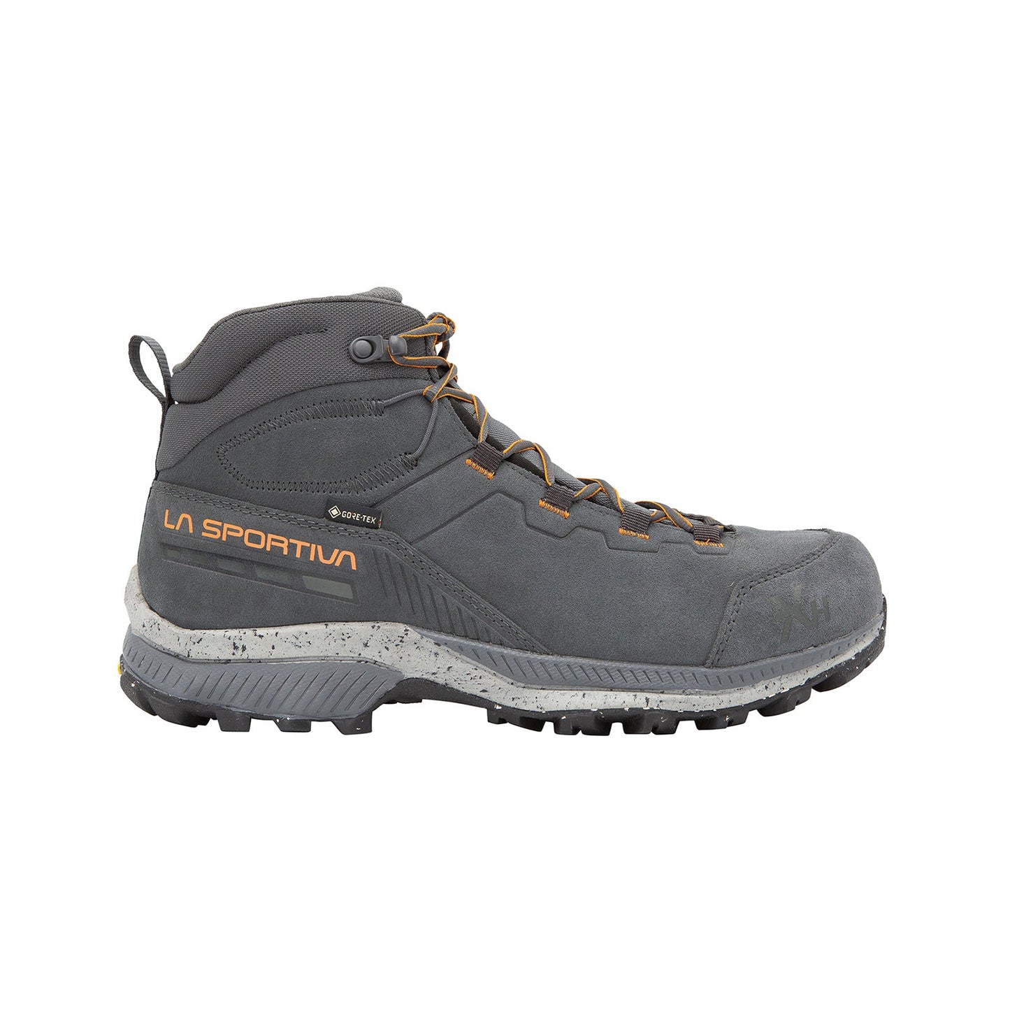 The La Sportiva TX Hike Mid Leather GTX boot features dark gray leather, orange accents, GTX waterproofing, rugged sole, ankle support, and lace-up closure, shown against a white background.