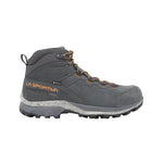 The La Sportiva TX Hike Mid Leather GTX boot features dark gray leather, orange accents, GTX waterproofing, rugged sole, ankle support, and lace-up closure, shown against a white background.
