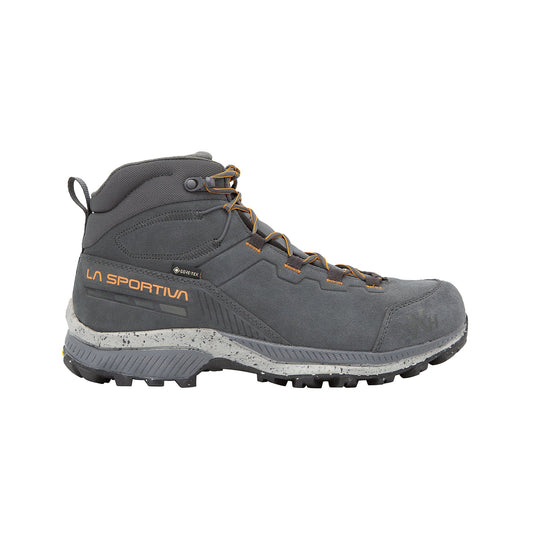 The La Sportiva TX Hike Mid Leather GTX boot features dark gray leather, orange accents, GTX waterproofing, rugged sole, ankle support, and lace-up closure, shown against a white background.