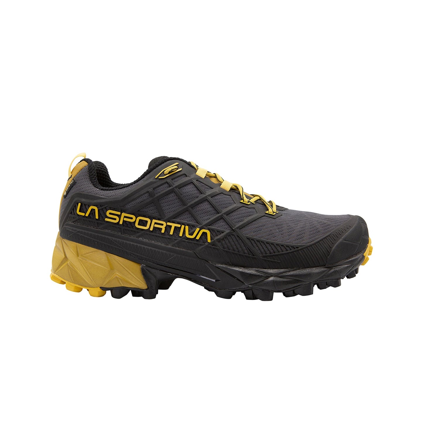 The La Sportiva Akyra II GTX is a black and yellow trail running shoe with Gore-Tex weather protection, rugged traction tread, mesh upper, and bold LA SPORTIVA branding. Yellow accents highlight the sole, laces, and heel.