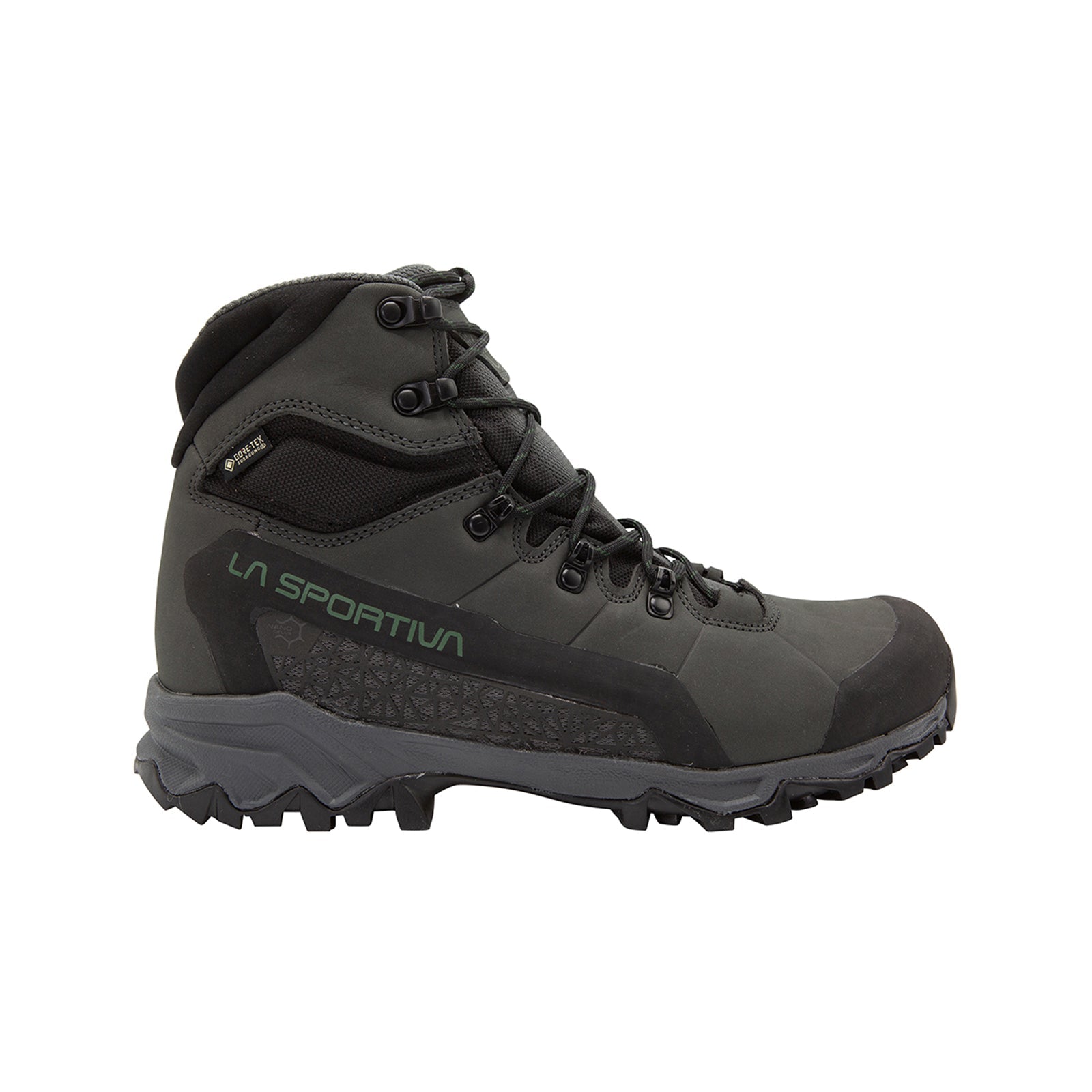 A black La Sportiva Nucleo High II GTX Wide hiking boot with rugged tread, high ankle support, metal eyelets, and Gore-Tex Surround waterproofing is shown in side profile on a white background.