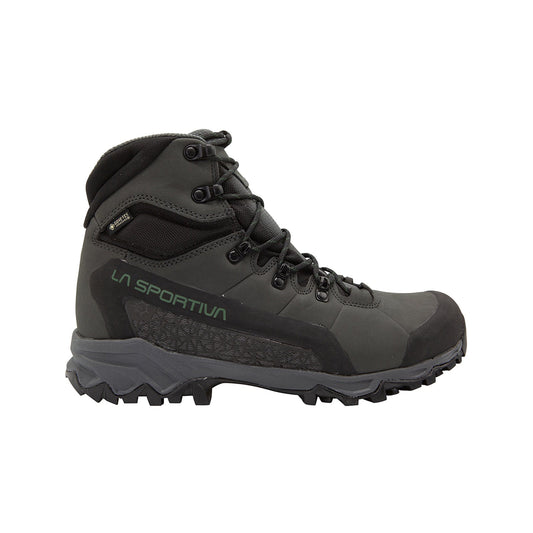 A black La Sportiva Nucleo High II GTX Wide hiking boot with rugged tread, high ankle support, metal eyelets, and Gore-Tex Surround waterproofing is shown in side profile on a white background.
