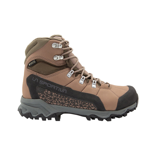 The La Sportiva Nucleo High II GTX Women's Wide hiking boot features brown and olive green with black accents, metal eyelets, rugged tread, Gore-Tex Surround for breathability and waterproofing, geometric side patterns, and logo. Left view on white.