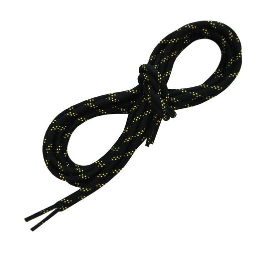 The La Sportiva Shoelaces-Katana Lace (125CM) features black laces with yellow dotted patterns, coiled in a loose figure-eight on a white background—perfect as replacement laces for climbing shoes.
