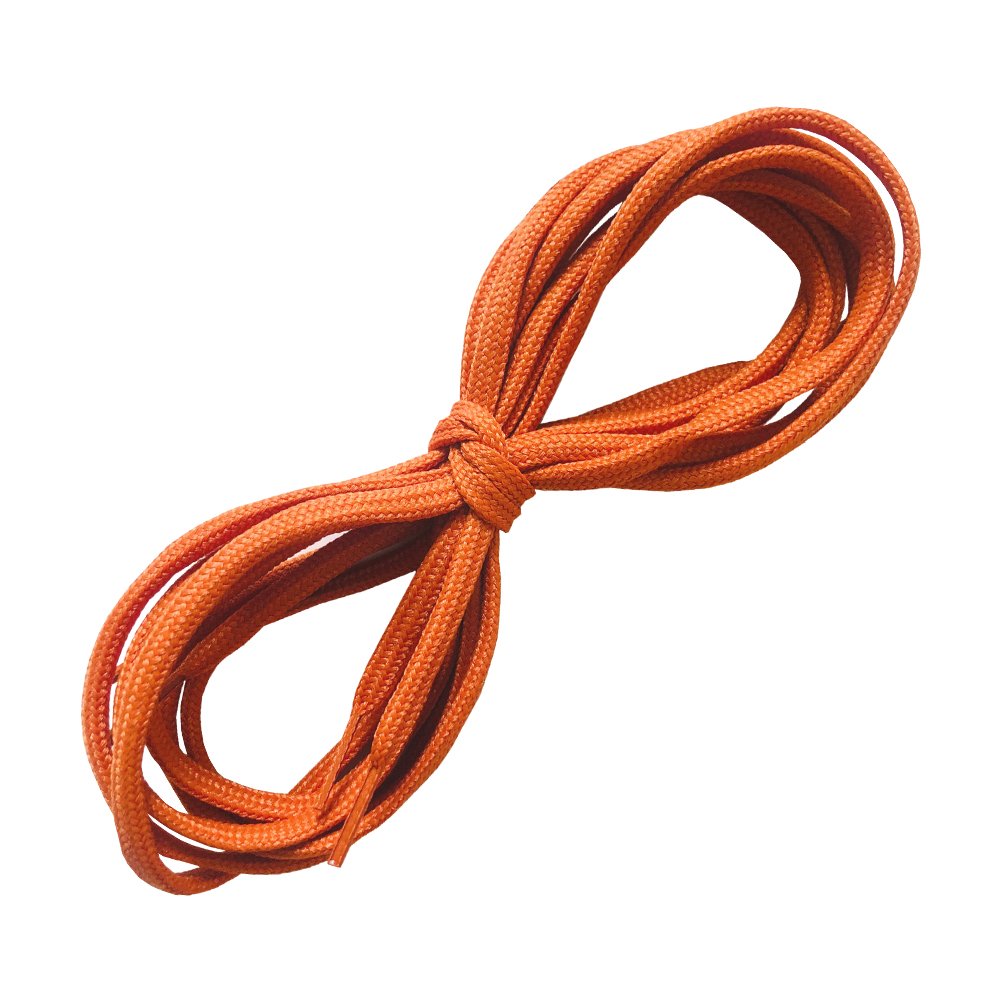 A coiled orange La Sportiva Shoelaces-Mythos ECO (170CM), tied in the middle and shown on a white background—perfect for replacing laces on your Mythos ECO climbing shoes.