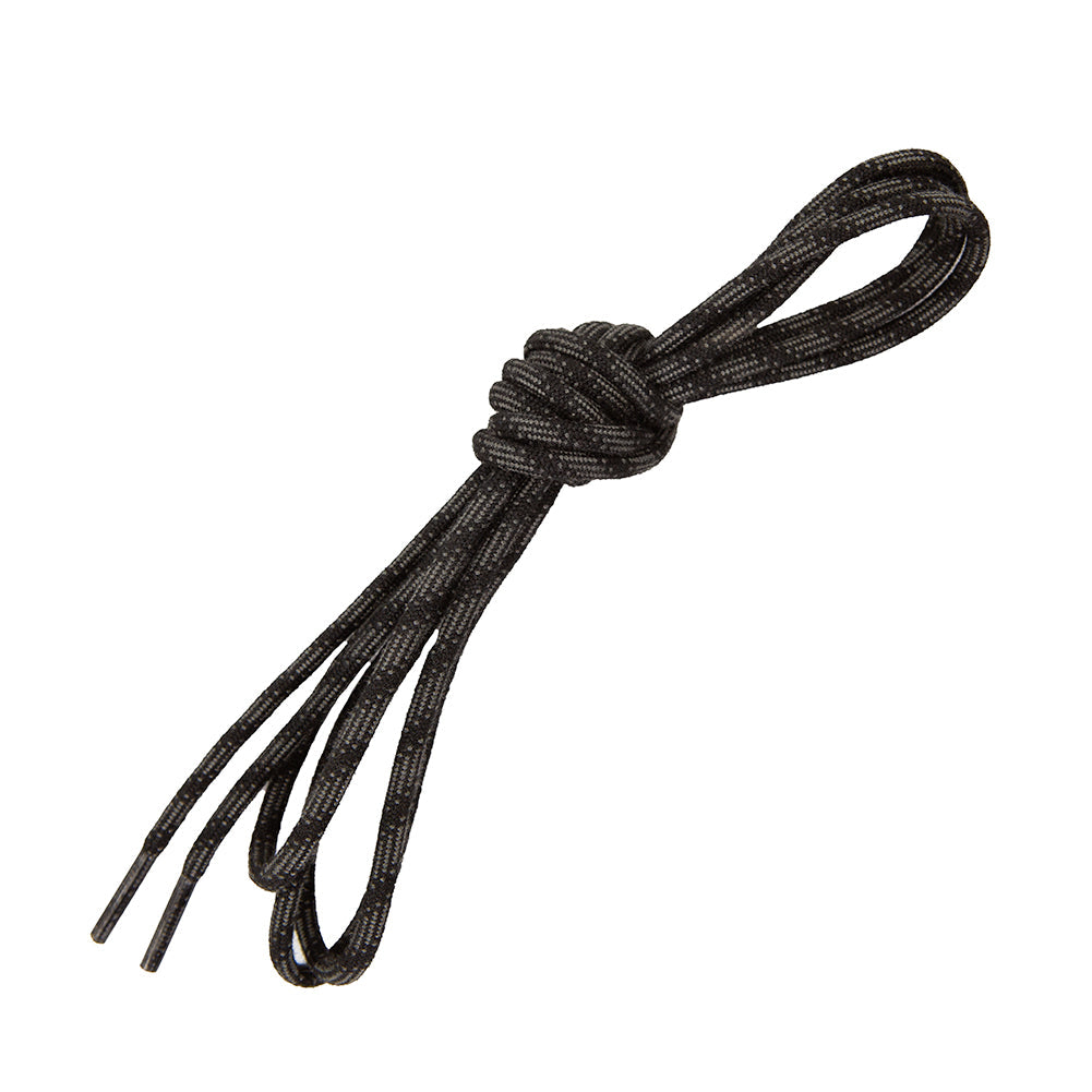 The La Sportiva Shoelaces-Ridgeline are black, abrasion-resistant laces with a reflective pattern, looped and tied in a simple knot with both ends extending outward.