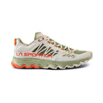 Side view of the La Sportiva Helios III Women's ultralight trail shoe in light green and white with orange accents, wavy cushioned sole, and bold branding on the side.