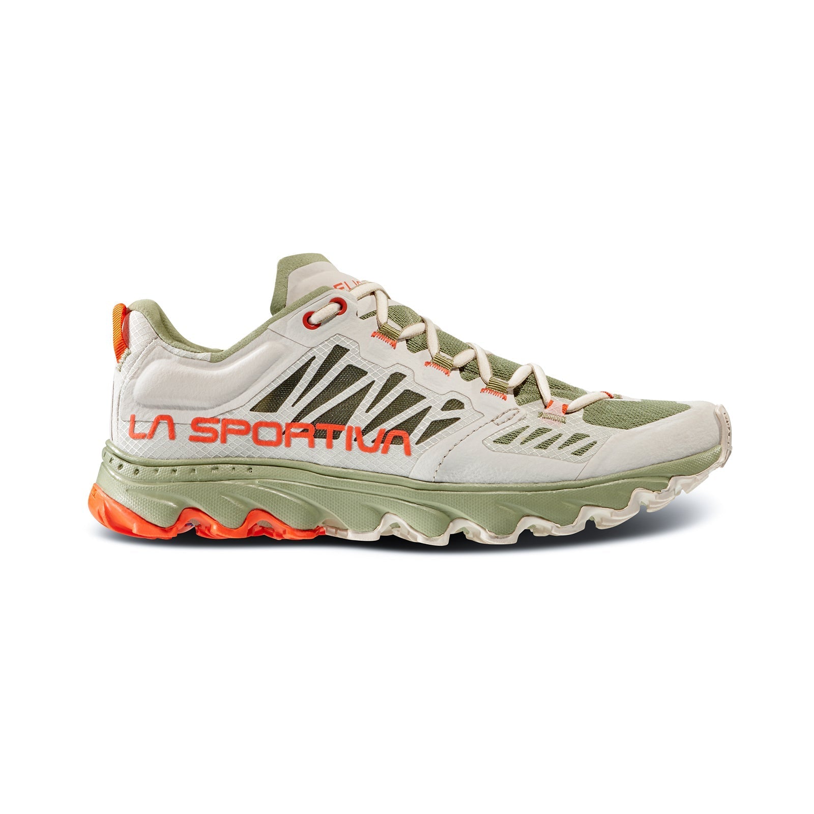 Side view of the La Sportiva Helios III Women's ultralight trail shoe in light green and white with orange accents, wavy cushioned sole, and bold branding on the side.