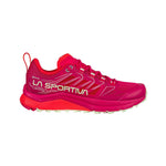 The La Sportiva Jackal GTX Women's trail running shoe in bright pink with red accents, a white side logo, and a textured white sole is shown on a white background—perfect for long-distance runners wanting Gore-Tex protection.
