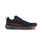 The La Sportiva Helios III is a black and red cushioned trail shoe featuring bold red LA SPORTIVA branding and a rugged, abrasion-resistant sole for excellent traction.