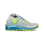 The La Sportiva Cyklon Women's is a light gray and blue trail running shoe with neon yellow accents, featuring a BOA dial closure, bold LASPO text, and rugged bright yellow tread—ideal for technical terrain and skyraces.